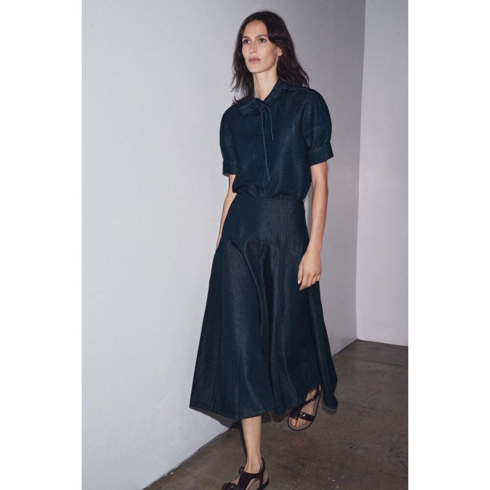 Zara Dark Denim Short Sleeve Tie-Neck Blouse - Picture 3 of 16